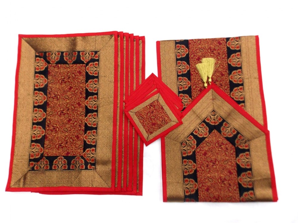 Indian Silk Table Runner with 6 Placemats & 6 Coaster in Red Color Size 16x62